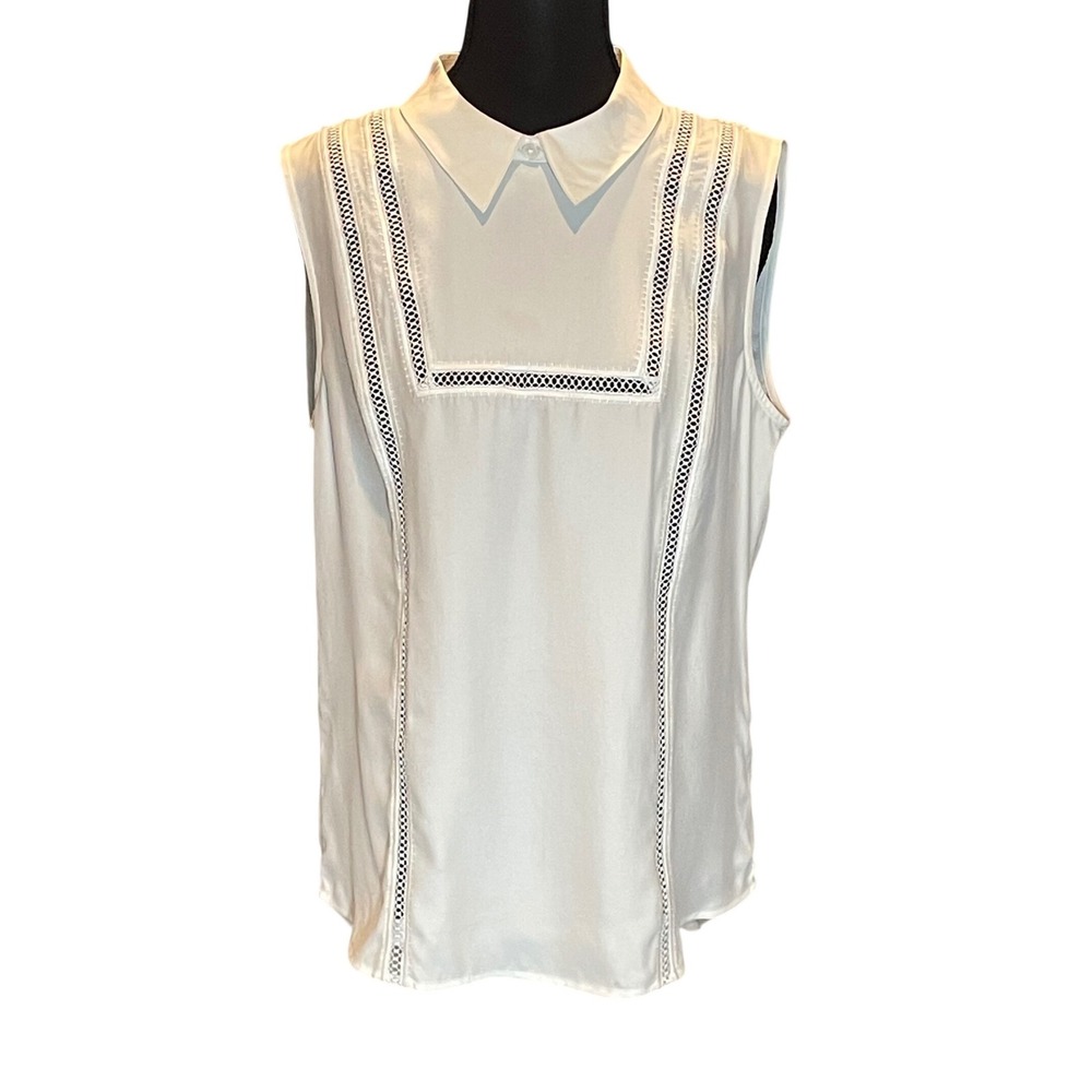 Veronica Beard Ivory 100% Silk Sleeveless Lace Trim Blouse Size 8 Collared Top